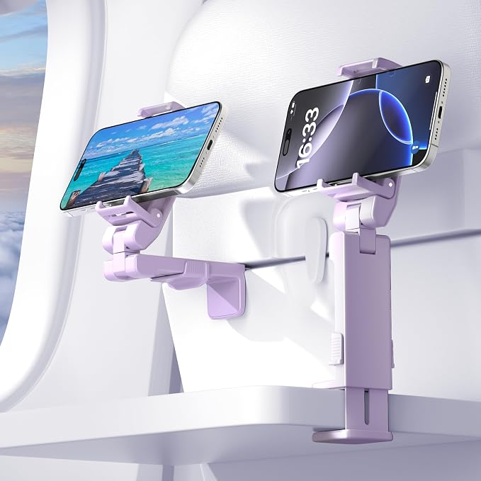Perilogics Gen 2 Airplane Phone Holder Mount – Silent Hands-Free Travel Phone Stand, Travel Essential for Flying, 360° Adjustable Tray Table Phone Holder Fits iPhone, Android & Gaming Device