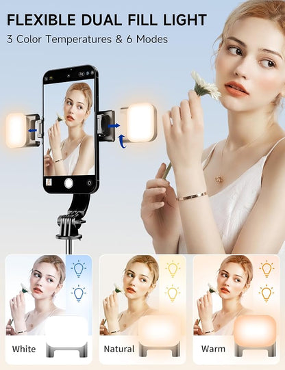 45" Selfie Stick Tripod with 2 Lights, Extendable 5 in 1 Selfie Stick Phone Tripod, Portable Selfie Sticks with Wireless Remote Compatible with iPhone 15/14/13 Pro Max, Samsung, Android, Gopro