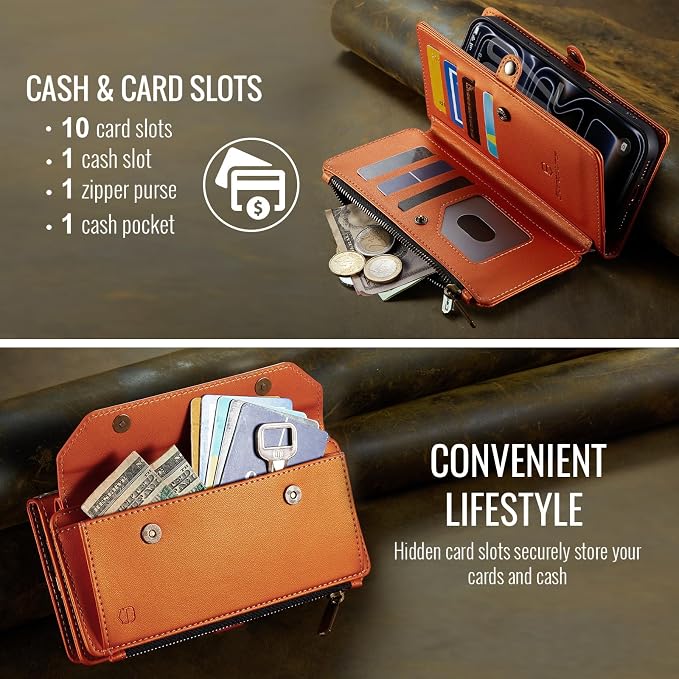Strapurs Wallet Case Compatible with iPhone 17 Pro Max 6.9" RFID Blocking 10-Card Holder Soft PU Leather Magnetic Snap Shoulder Strap Zipper Pocket Phone Case Fit for iPhone 17 Pro Max - Orange