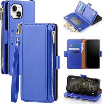 Antsturdy Compatible with iPhone 14 Wallet Case RFID Blocking,PU Leather Phone Case Women Men Flip Shockproof Cover with Wrist Strap Zipper pocket Credit Card Holder Slots,for Apple 14 6.1"Purple Blue