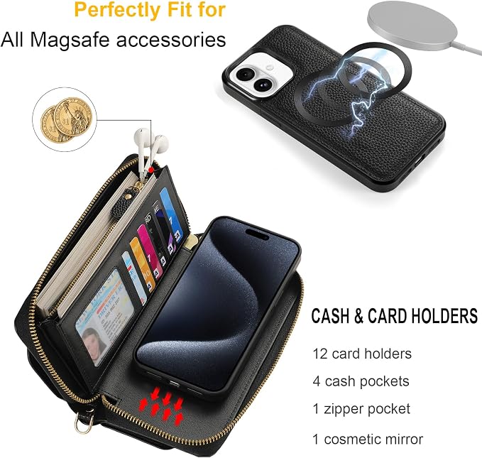 Crossbody Wallet Case for iPhone 16 6.1", Magnetic Detachable PU Leather Phone Case with RFID Blocking Card Holder Wristlet Mirror Flip Zipper Shoulder Purse Clutch for Women - Black B