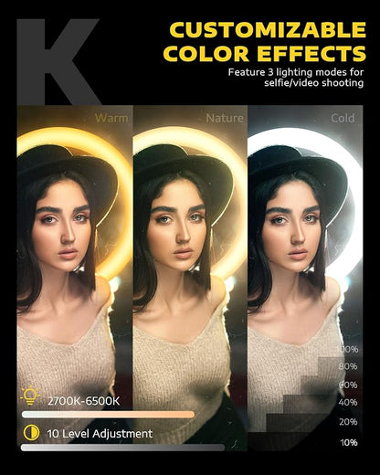 Kaiess 10.2" Selfie Ring Light with 65" Adjustable Tripod Stand & Phone Holder for Live Stream/Makeup, Upgraded Dimmable LED Ringlight for Tiktok/YouTube/Zoom Meeting/Photography (RGB)