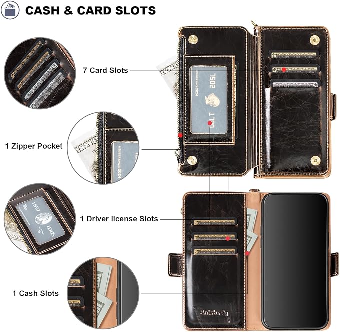 Antsturdy Compatible with iPhone 17 Pro Wallet Case Women,RFID Blocking PU Leather Phone Case Men Kickstand Flip Cover Wrist Strap Zipper Credit Card Holder Slots for Apple 17 Pro 6.3",Coffee