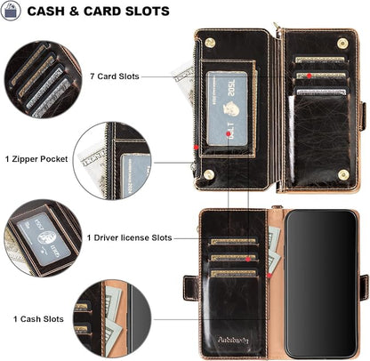 Antsturdy Compatible with iPhone 17 Pro Wallet Case Women,RFID Blocking PU Leather Phone Case Men Kickstand Flip Cover Wrist Strap Zipper Credit Card Holder Slots for Apple 17 Pro 6.3",Coffee