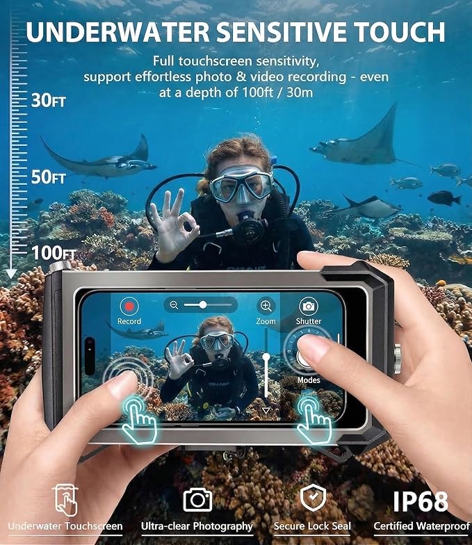 Gen 5th Diving Phone Case for iPhone 17 16 15 14 13 12 11 Pro Max Galaxy S25 S24 S23 Ultra, [98ft/30m] Waterproof Shellbox Underwater Camera Housing, Professional for Scuba Snorkeling (Gray)