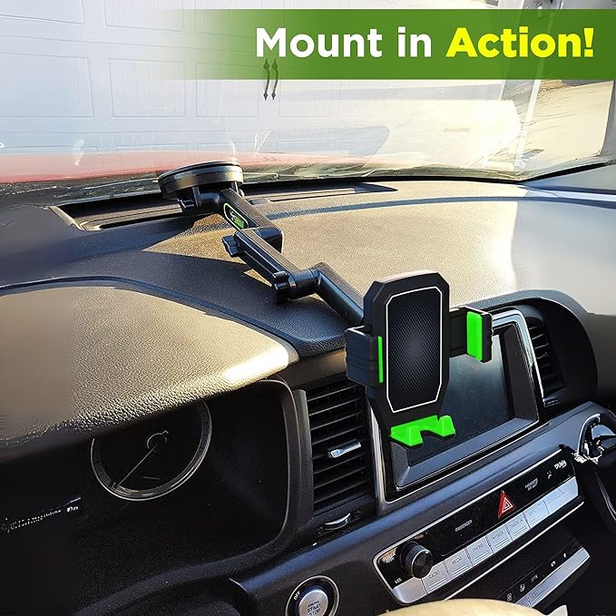 Cell Phone Mount for Truck Phone Holder for Truck Drivers - Heavy Duty Suction Cup + Dashboard Pad, iPhone Holder for Dashboard Window 16.9 inch Long, for iPhone & Samsung, Commercial Trucker, Green