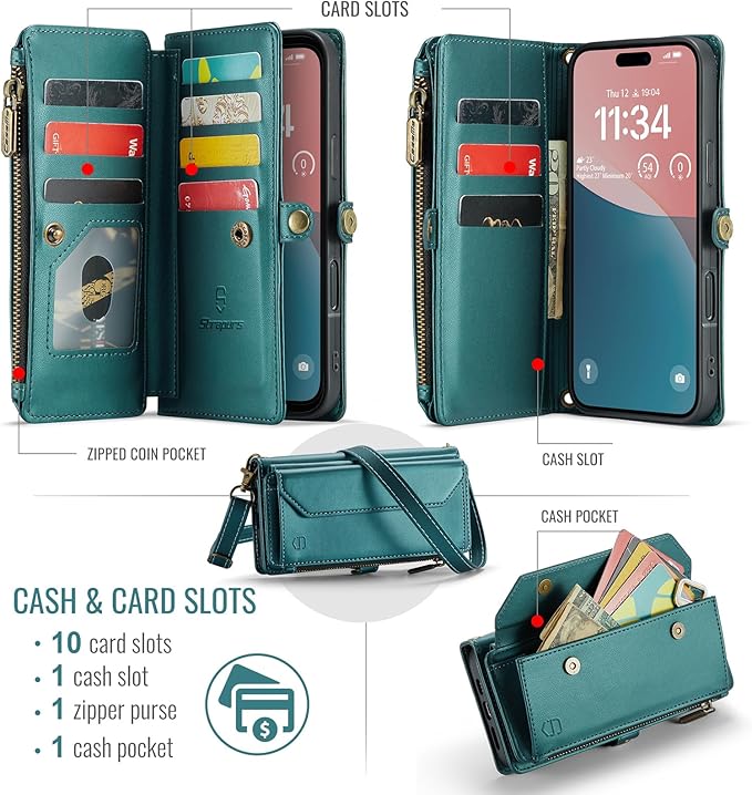 Strapurs Wallet Case Compatible with iPhone 16 Plus 6.7" RFID Blocking 10-Card Holder Soft PU Leather Magnetic Snap Shoulder Strap Zipper Pocket Phone Case Fit for iPhone 16 Plus - Bluegreen