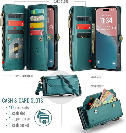 Strapurs Wallet Case Compatible with iPhone 16 Plus 6.7" RFID Blocking 10-Card Holder Soft PU Leather Magnetic Snap Shoulder Strap Zipper Pocket Phone Case Fit for iPhone 16 Plus - Bluegreen