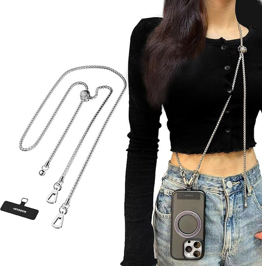 MAGEASY Crossbody Phone Chain Strap - Universal Metal Crossbody Phone Lanyard With Adjustable Length, Chic Cell Phone Necklace Crossbody Strap for iPhone & Android Phones - Silver Metal
