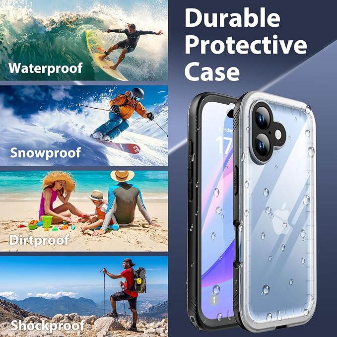 SPORTLINK for iPhone 16 Plus Waterproof Phone Case with Screen Protector IP68 Underwater 6.6FT Military Dropproof/Dustproof/Heavy Duty Full Body Case for iPhone 16 Plus 6.7 inch Black/Frosted Clear