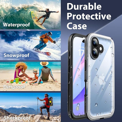 SPORTLINK for iPhone 16 Plus Waterproof Phone Case with Screen Protector IP68 Underwater 6.6FT Military Dropproof/Dustproof/Heavy Duty Full Body Case for iPhone 16 Plus 6.7 inch Black/Frosted Clear