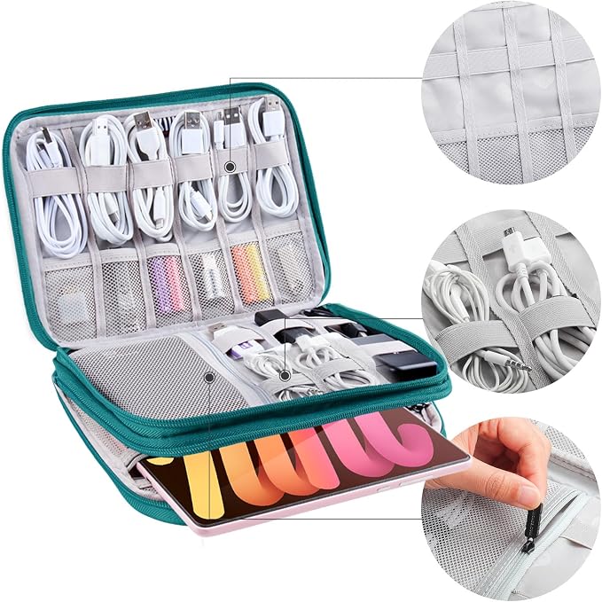 Electronics Organizer,Travel Cable Organizer Bag,Water Resistant Double Layers Pouch for Cable,Cord,iPhone,iPad Mini,Gift for Men Electronic Accessories Storage Case with 5 Cable Ties,Green