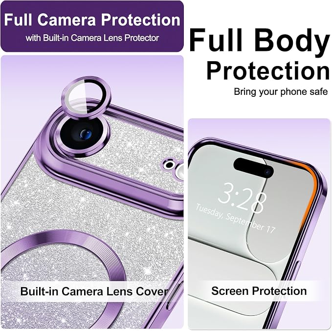 Hython for iPhone Air Case Glitter Clear Magnetic Phone Cases [Compatible with MagSafe] Full Camera Lens Protector Sparkle Luxury Plating Slim Shockproof Protective Cover Women, Gradient Purple