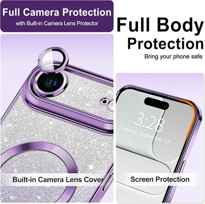 Hython for iPhone Air Case Glitter Clear Magnetic Phone Cases [Compatible with MagSafe] Full Camera Lens Protector Sparkle Luxury Plating Slim Shockproof Protective Cover Women, Gradient Purple