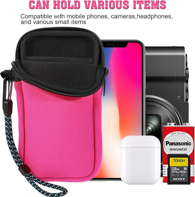 Pwsap Phone Sock,Universal Shock Impact Resistant Large Neoprene Phone Pouch Bag with Carabiner and Lanyard Strap Sleeve Case for Hiking Travelling Fits Phones up to 7.5 Inches,Rose Pink,L