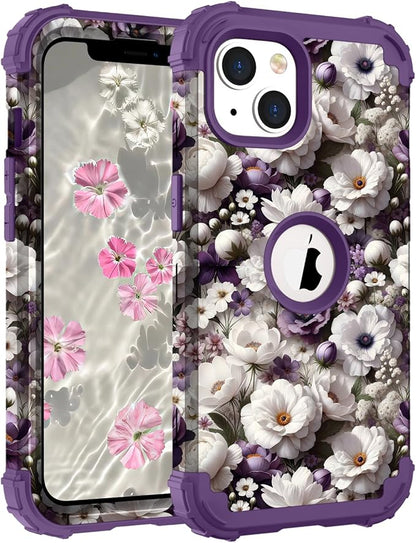 Hocase for iPhone 14 Case/iPhone 13 Case, Heavy Duty Shockproof Protection Soft Silicone Rubber+Hard Plastic Bumpers Hybrid Protective Case for iPhone 13/14 (6.1") - White Flowers