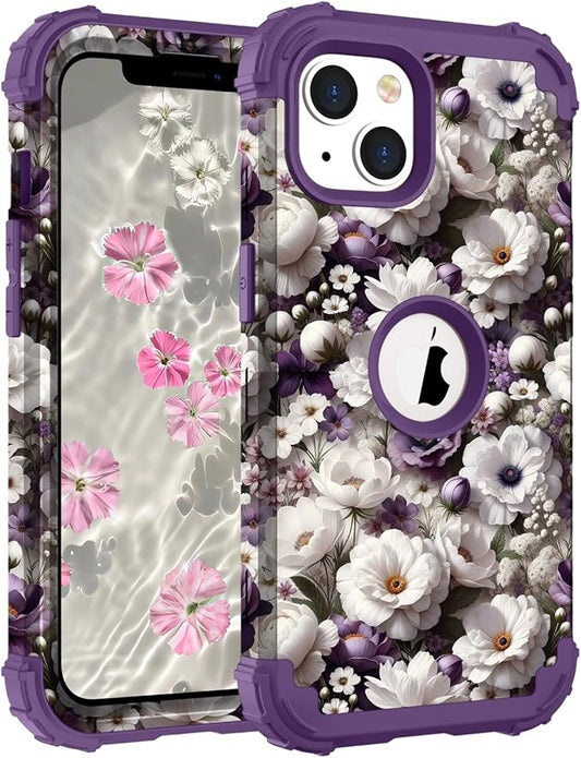 Hocase for iPhone 14 Case/iPhone 13 Case, Heavy Duty Shockproof Protection Soft Silicone Rubber+Hard Plastic Bumpers Hybrid Protective Case for iPhone 13/14 (6.1") - White Flowers