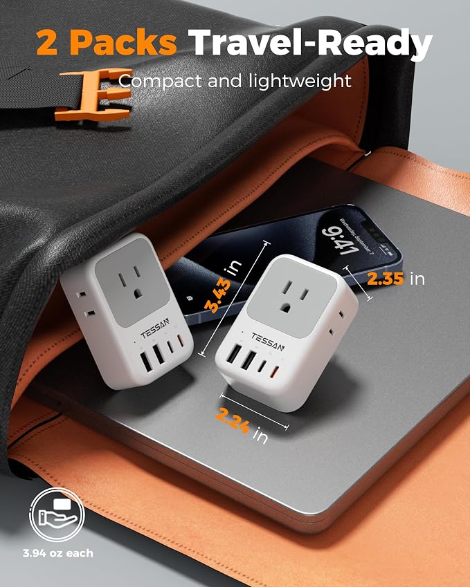 New Zealand Power Adapter 2 Pack, TESSAN PD 20W US to Australia Plug Adapter with 4 AC Outlets 4 USB Ports (2 USB C), Type I Travel Adaptor for USA to Australian Argentina China Fiji AU NZ Samoa