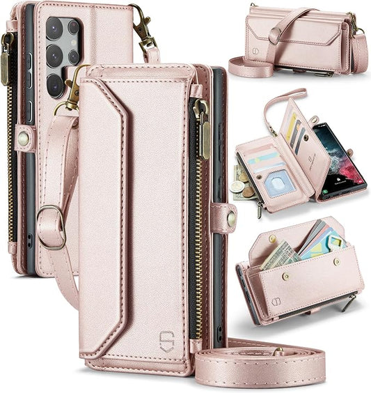Strapurs Crossbody Wallet Case Compatible with Samsung Galaxy S22 Ultra 5G RFID Blocking 10-Card Holder Soft PU Leather Magnetic Snap Strap Zipper Pocket Phone Case Fit for Galaxy S22 Ultra - RoseGold