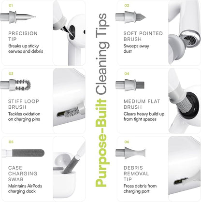 KeyBudz Air Care 2.0 AirPods Cleaning Kit - Patented Multi-Tool Cleaner with Interchangeable Brush Tips for AirPods, iPhone and Apple Devices with Sticky Squares Putty, Hard Case and Travel Pouch