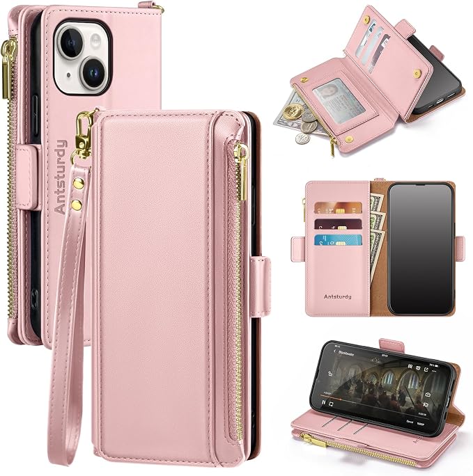 Antsturdy Compatible with iPhone 15 Wallet Case Card Holder【RFID Blocking】 PU Leather Phone Case Women Men flip Protective Cover Wrist Strap Zipper Credit Card Slots,for Apple 15 6.1",Pink
