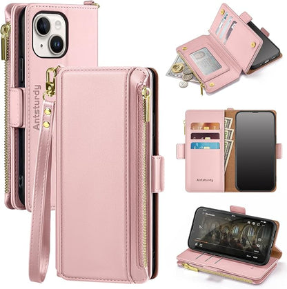 Antsturdy Compatible with iPhone 15 Wallet Case Card Holder【RFID Blocking】 PU Leather Phone Case Women Men flip Protective Cover Wrist Strap Zipper Credit Card Slots,for Apple 15 6.1",Pink