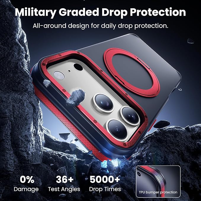 Strong Magnetic Case for iPhone 17 Pro(6.3", 2025) with Stand, Drop-Proof Bumper Cover with Contrast Color Border, Military-Grade Drop Protection, Shockproof Slim Thin Cover,Red