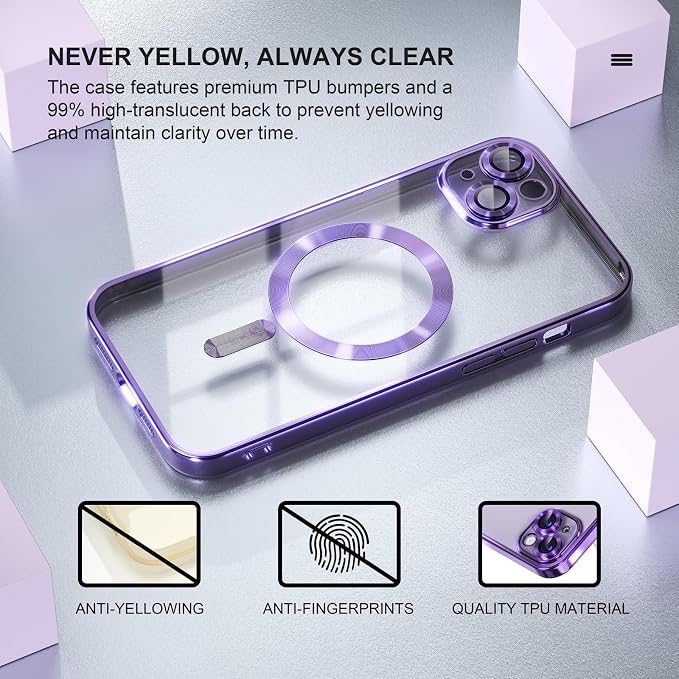 Misea Magnetic for iPhone 14 Plus Case Compatible with MagSafe [Never Yellowing] [Military Grade Drop Protection] Full Camera Lens Protector Plating Soft Clear Phone Case for Women Girls, Purple
