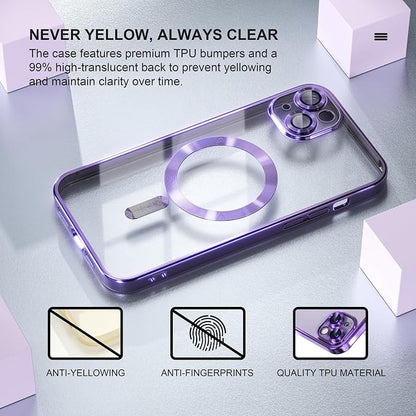 Misea Magnetic for iPhone 14 Case Compatible with MagSafe [Never Yellowing] [Military Grade Drop Protection] Full Camera Lens Protector Plating Soft Clear Phone Case for Women Girls, Purple