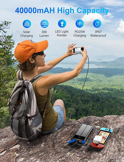 MINRISE Solar Power Bank 40000mAh, Portable Charger PD 20W Fast Charging | Built in 4 Cables and USB-C in/Output,External Battery Pack with Flashlights,for All Cell Phones,for iPad,Camping Essentials