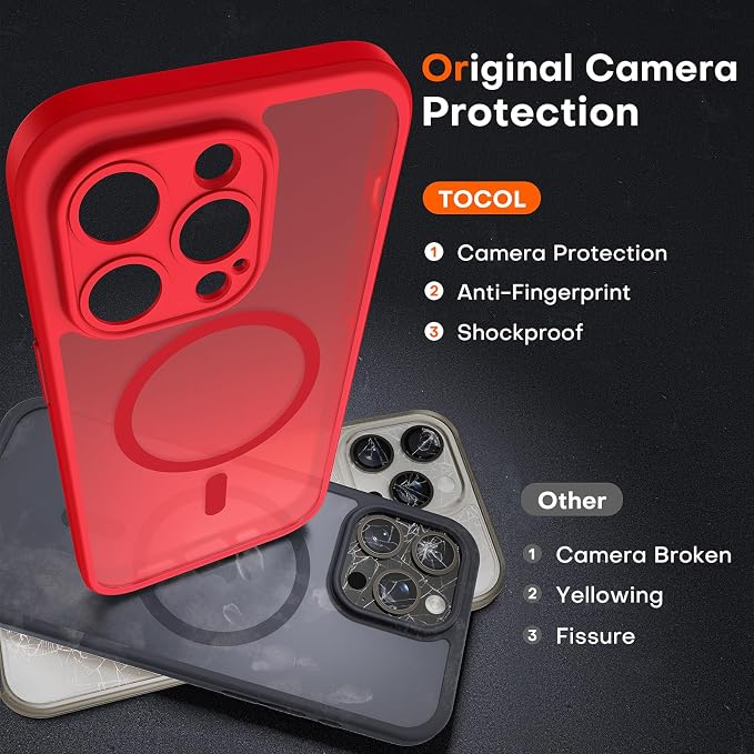 TOCOL for iPhone 13 Pro Max Case, Compatible with Magsafe Charger, Full Camera Protection, Translucent Matte for iPhone 13 Pro Max iPhone Case 6.7 inch (Red)
