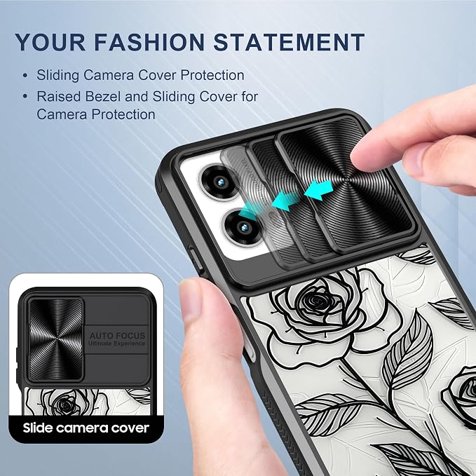 for Motorola Moto G 5G 2024 Case with Rose, Metal Slide Camera Cover, Screen Protector, Anti-Peeping Privacy Safeguard, Camera Lens Protector Phone Case for Moto G 5G 2024