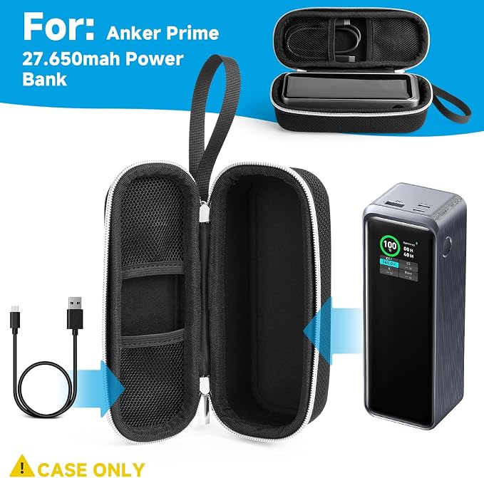 Hard EVA Protective Case for Anker Prime 250W Power Bank 27650mAh Portable Charger - Shockproof Travel Storage with Hand Strap & Carabiner Clip (Black Case Only)