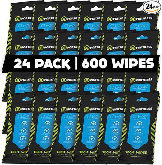 Fortress Electronic Wipes (25 ct, Pack of 24) To-Go Tech Wipes for Screens, Phones, Keyboards, TV Monitors, Computer Screens, and More [Travel Size] Skin-Safe