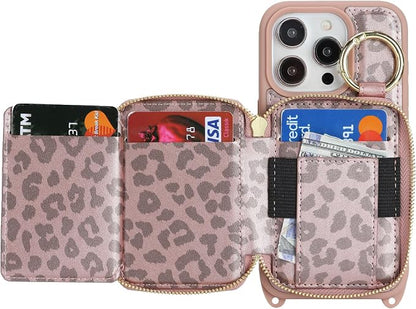 Crossbody Wallet Case for iPhone 14 pro, PU Leather Zipper Handbag Purse Flip Cover, Kickstand Folio Case with Card Slots Holder Wrist Strap Lanyard 5G 6.1 Inch-Pink Leopard
