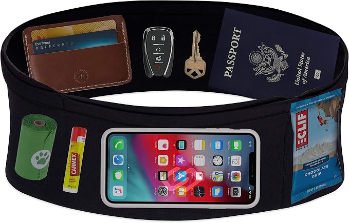 Sporteer VersaMax Anti-Theft Running Belt - Secure Double-Flap Waist Pack - Fits All Mobile Phones - Pickpocket-Proof Travel Money Belt & Medical Device Holder - Premium Nylon Spandex (Black, XS)
