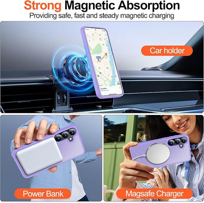 MOZOTER for Samsung Galaxy S25 Case with Magnetic,[Compatible with MagSafe][15Ft Military Dropproof][2*Screen Protector] Translucent Matte Anti-Slip Back Slim Shockproof Case for S25,(Purple)