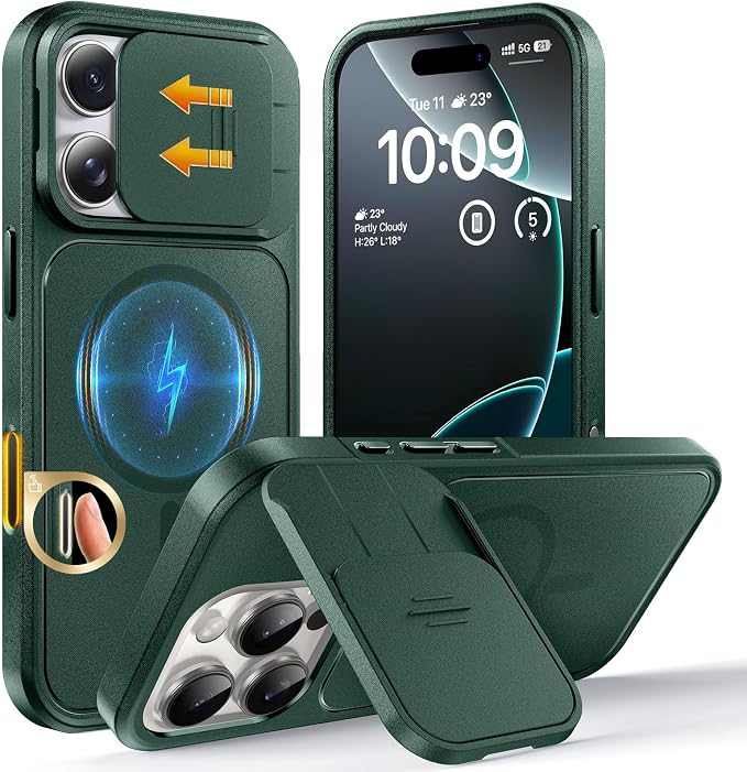 TOCOL for iPhone 16 Pro Max Case with Slide Camera Cover, Kickstand and Camera Control Button, Fit for MagSafe, Rugged Solid Phone Case, Non-Slip, Drop Protection, Alpine Green