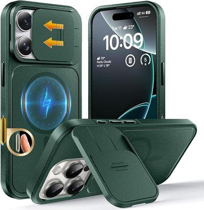 TOCOL for iPhone 16 Pro Max Case with Slide Camera Cover, Kickstand and Camera Control Button, Fit for MagSafe, Rugged Solid Phone Case, Non-Slip, Drop Protection, Alpine Green