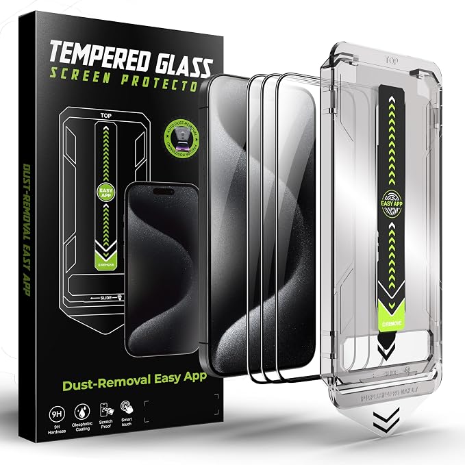 Fpxdesc Screen Protector for iPhone 15 Pro Max, 6.7"" Tempered Glass Ultra 9H Hardness Anti Scratch with 3 Pack, Auto Dust Removal Installation, Transparent