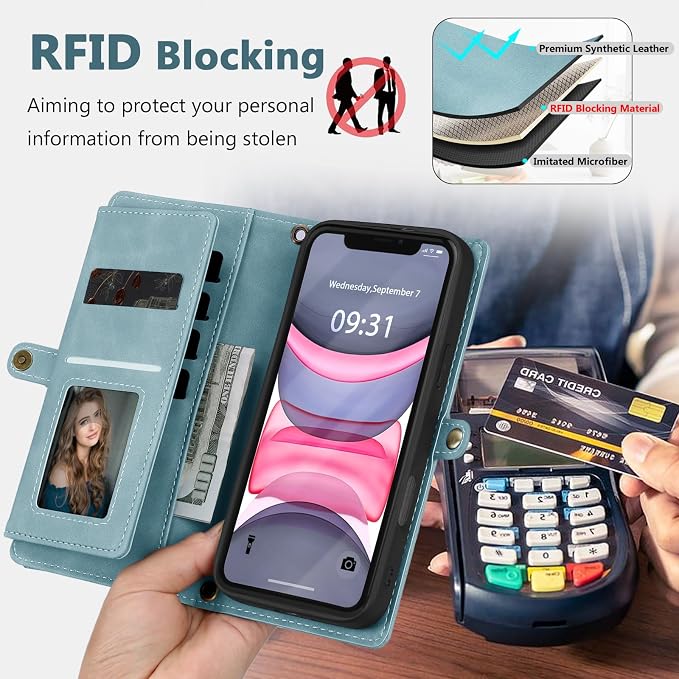 Wallet Case for iPhone 11 with Card Holder/Crossbody Wallet/Strap| RFID Blocking | Magnetic | Kickstand | Detachable | PU Leather Phone Case for iPhone 11,6.1 in,Blue