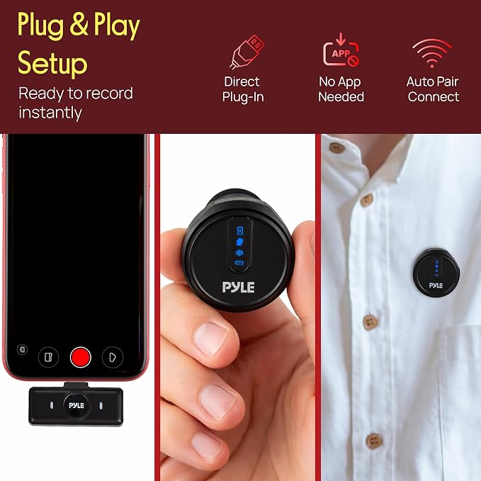Pyle Wireless Lavalier Microphone System | Noise-Canceling Clip-On Mic with Magnetic Mount, 8H Battery, Charging Case, Windscreens | USB-C Plug & Play for Vlogging, Interviews, Streaming & Podcasts