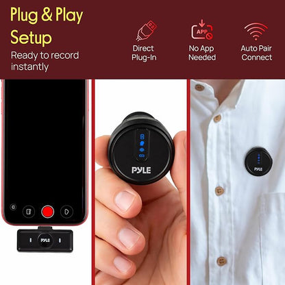 Pyle Wireless Lavalier Microphone System | Noise-Canceling Clip-On Mic with Magnetic Mount, 8H Battery, Charging Case, Windscreens | USB-C Plug & Play for Vlogging, Interviews, Streaming & Podcasts