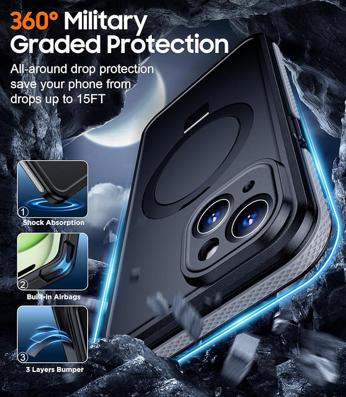 Temdan Magnetic for iPhone 15 Case Waterproof, [Built-in Ring Invisible Stand & Screen Protector][IP68 Underwater][Dropproof][Dustproof][Real 360] Shockproof Protective Phone Case 6.1'' -Gray