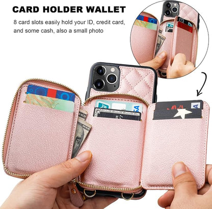 Bocasal Crossbody Wallet Case for iPhone 11 Pro Max, RFID Blocking PU Leather Zipper Handbag Purse Flip Cover, Kickstand Folio Case with Card Slots Holder Wrist Strap Lanyard 6.5 Inch (Rose Gold)