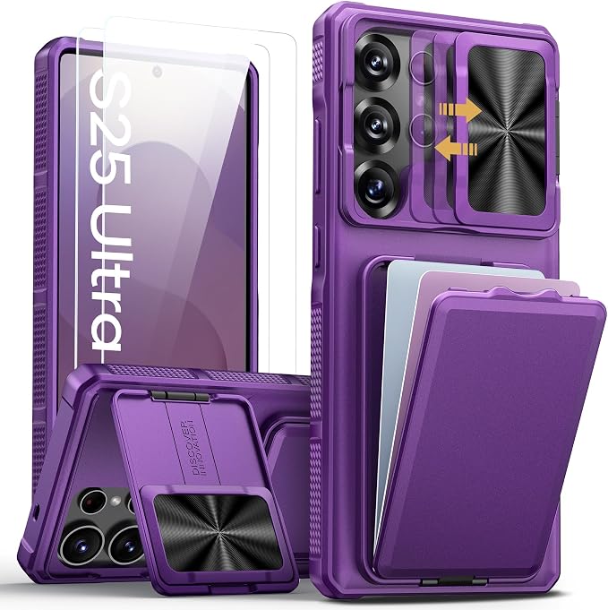 SSLOTSCASE for Samsung Galaxy S25 Ultra Case with 2X Screen Protector, Card Holder & Lens Cover & Hidden Kickstand, Silicone Edge Durable Protective Wallet Cover for Galaxy S25 Ultra, Dark Purple