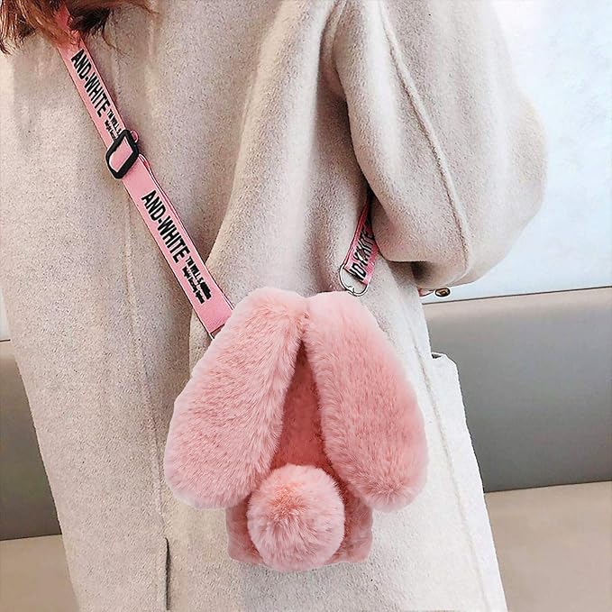 Rabbit Ear Case for iPhone 14 Pro 6.1, Crossbody Strap Case Fuzzy Fluffy Cute Women Girls Kids Plush Ball Bunny Fur Phone Case Shockproof Silicone Bumper Protective Cover,Pink