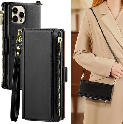 Antsturdy Compatible with iPhone 12 Wallet Case for Women【RFID Blocking】 Crossbody Phone Case PU Leather Zipper with Wrist Strap Flip Cover Credit Card Holder,for Apple 12 Pro 6.1",Black