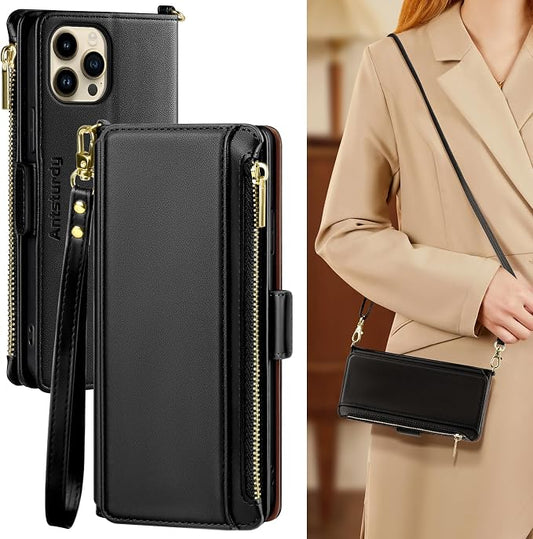 Antsturdy Compatible with iPhone 12 Wallet Case for Women【RFID Blocking】 Crossbody Phone Case PU Leather Zipper with Wrist Strap Flip Cover Credit Card Holder,for Apple 12 Pro 6.1",Black