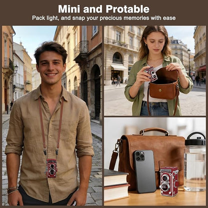 Mini Retro TLR Digital Camera, Portable 24MP 1080P FHD Vintage Point and Shoot Pocket Travel Camera with Twin Lens, Autofocus, 16X Digital Zoom, 16GB Card, for Beginners, Teens & Adults - Red